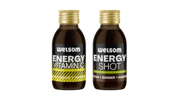 Welsom Energy Shot and Welsom Energy Vitamin C – two natural energy shots with ginger, caffeine, ginseng, and vitamin C, supporting focus and immunity.