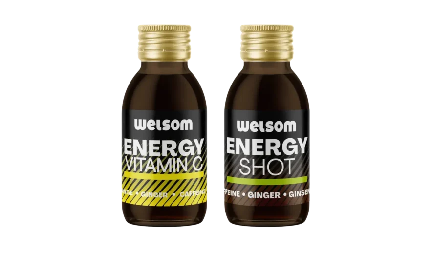 Welsom Energy Shot and Welsom Energy Vitamin C – two natural energy shots with ginger, caffeine, ginseng, and vitamin C, supporting focus and immunity.