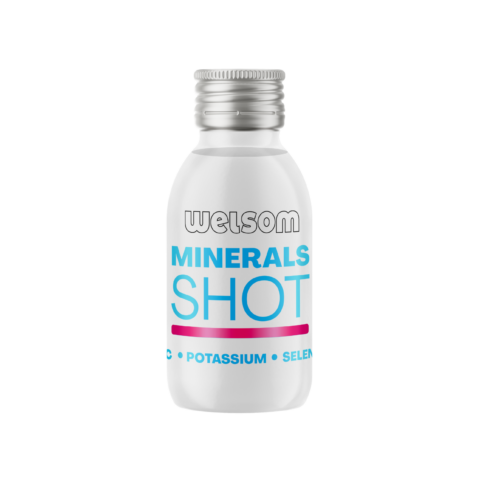 Welsom Minerals Shot – dietary supplement with vitamin C, potassium and selenium in a white functional shot bottle.
