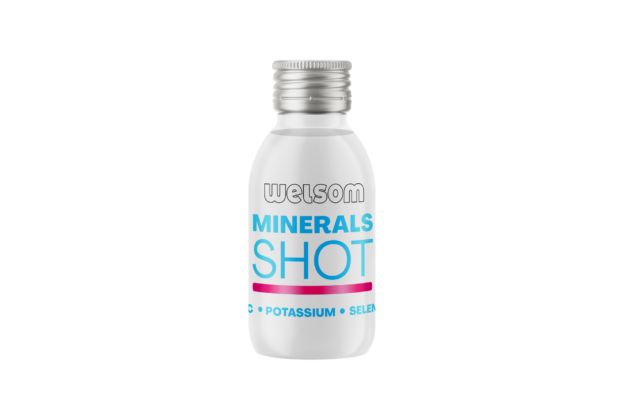 Welsom Minerals Shot – dietary supplement with vitamin C, potassium and selenium in a white functional shot bottle.