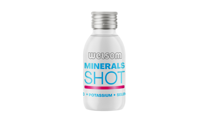Welsom Minerals Shot – dietary supplement with vitamin C, potassium and selenium in a white functional shot bottle.