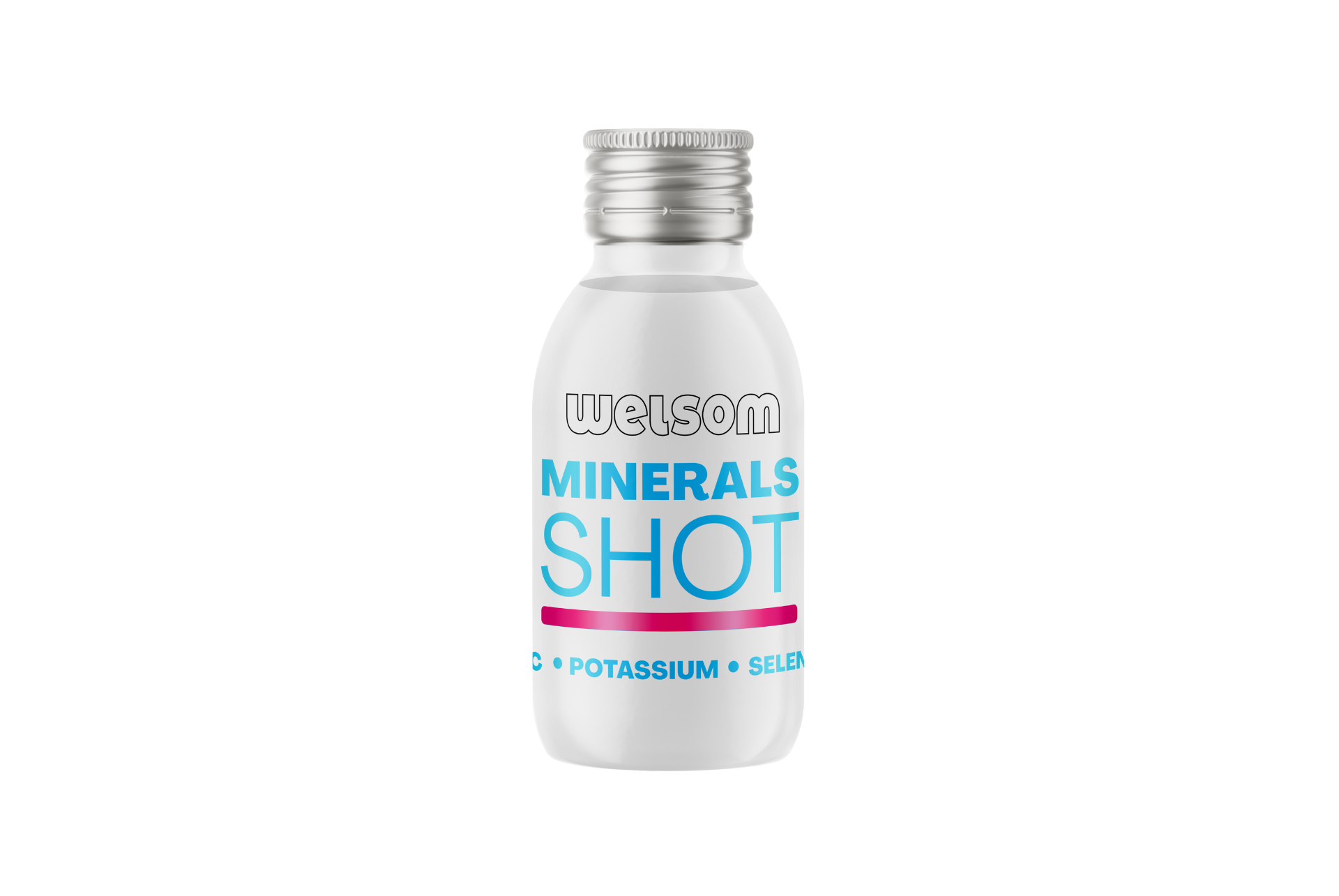 Welsom Minerals Shot – dietary supplement with vitamin C, potassium and selenium in a white functional shot bottle.