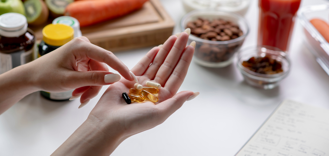 Dietary supplements in capsules and gels – daily support for health and energy surrounded by healthy food.