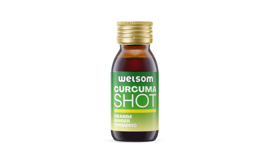 Welsom Curcuma Shot – natural turmeric, ginger and orange shot supporting immunity and digestion.