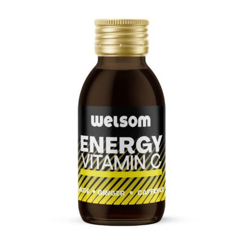 Welsom Energy Shot with Vitamin C – energy booster with orange, ginger and caffeine, supporting vitality and immunity.