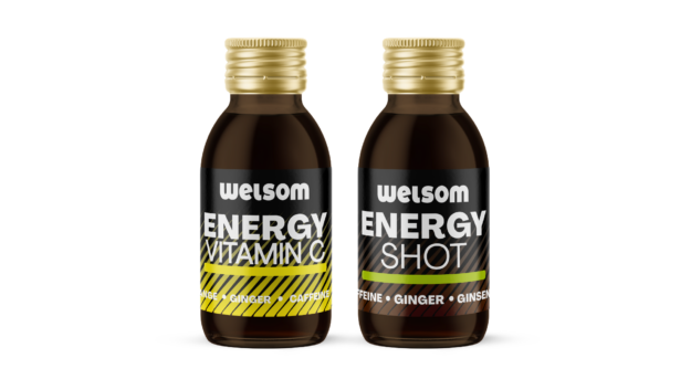 Welsom Energy Shot and Welsom Energy Vitamin C – two natural energy shots with ginger, caffeine, ginseng, and vitamin C, supporting focus and immunity.