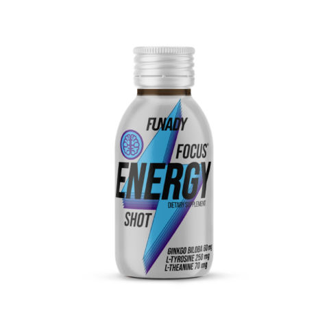 Funady Focus Energy Shot – dietary supplement with Ginkgo Biloba, L-Tyrosine and L-Theanine to support focus and energy.