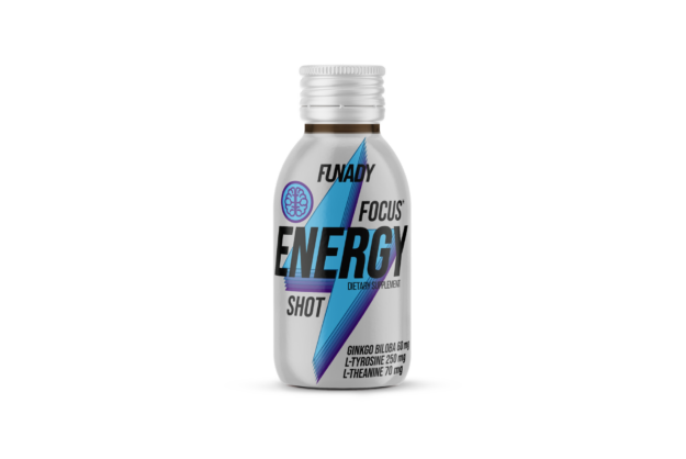 Funady Focus Energy Shot – dietary supplement with Ginkgo Biloba, L-Tyrosine and L-Theanine to support focus and energy.