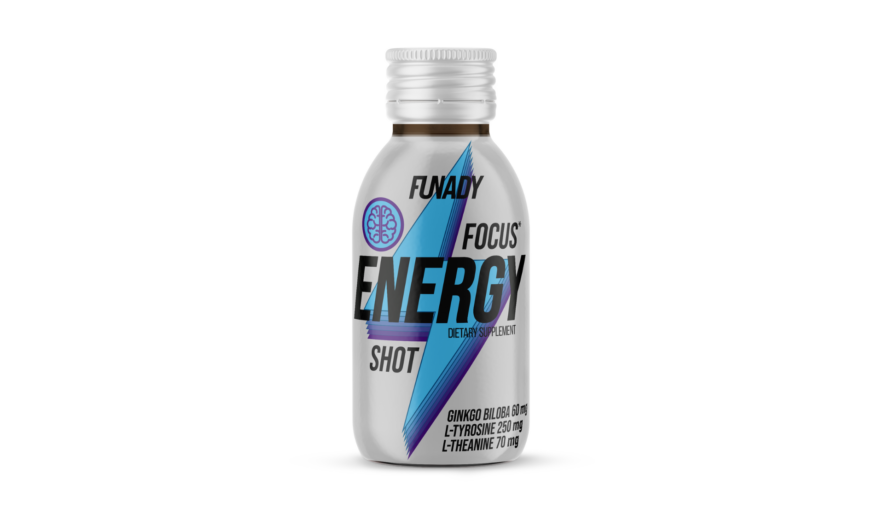 Funady Focus Energy Shot – dietary supplement with Ginkgo Biloba, L-Tyrosine and L-Theanine to support focus and energy.