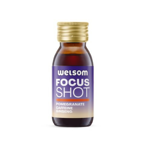 Welsom Focus Shot – energy shot with caffeine, ginseng, and pomegranate to support focus and mental performance.