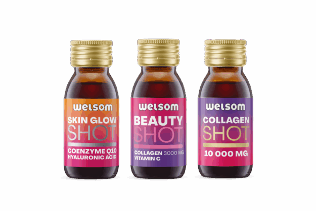 Four Welsom functional beauty shot: Skin Glow Shot with coenzyme q10 and hyaluronic acid, Beauty Shot with collagen and vitamin C anf Collagen 10 000 Shot