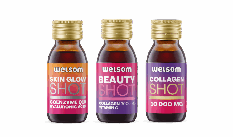 Four Welsom functional beauty shot: Skin Glow Shot with coenzyme q10 and hyaluronic acid, Beauty Shot with collagen and vitamin C anf Collagen 10 000 Shot