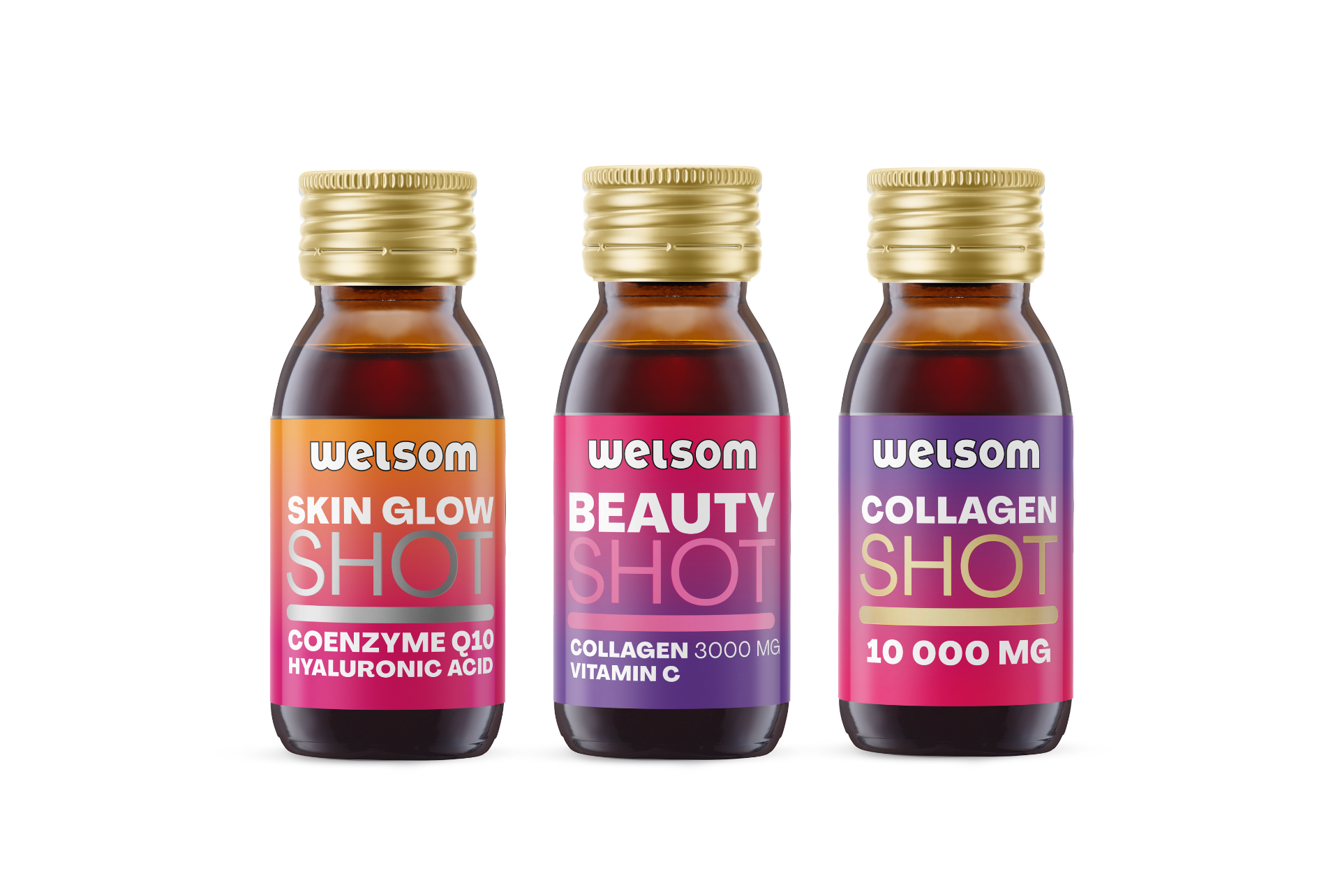 Four Welsom functional beauty shot: Skin Glow Shot with coenzyme q10 and hyaluronic acid, Beauty Shot with collagen and vitamin C anf Collagen 10 000 Shot